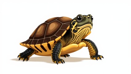 Fototapeta premium Cute baby box turtle with a patterned shell, depicted on a clean, minimalist white background