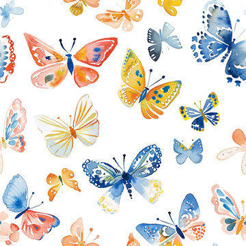 A butterfly patterned wallpaper with a variety of butterflies in different colors. The butterflies are surrounded by flowers and leaves.
