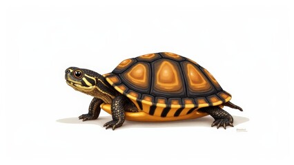 Fototapeta premium Baby box turtle art, with shell colors in warm browns and yellows on a clean background