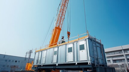 A large crane lifting a modular building unit with a worker standing on top, set against a clear sky at a construction site.