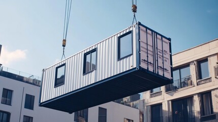 A shipping container is being lifted by a crane, potentially to be used as a modular unit in a building construction project against a clear sky.