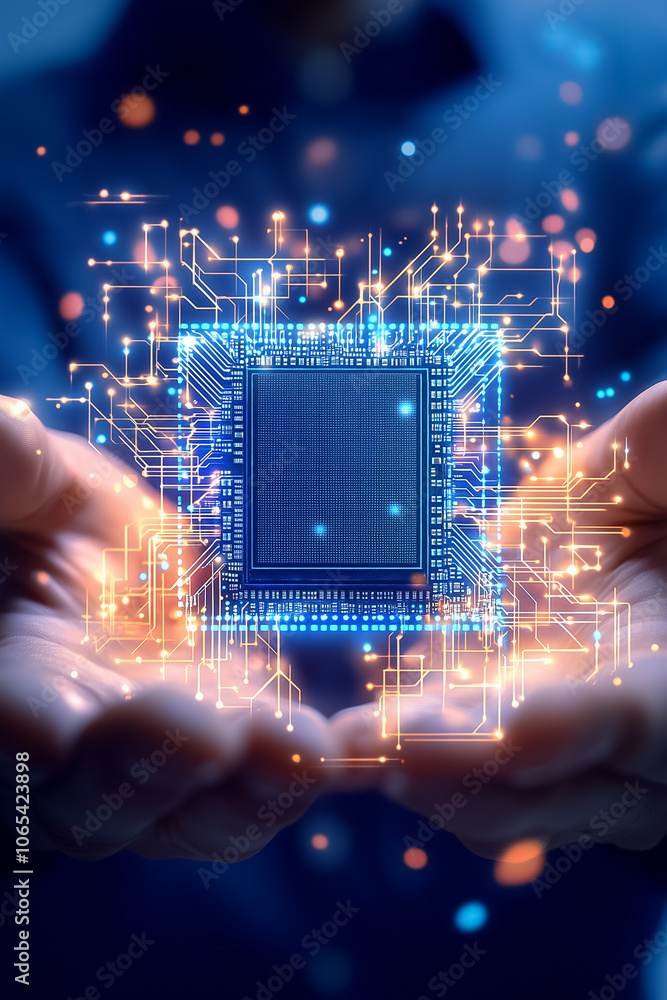 Poster hands grasp a glowing microchip with digital circuits illuminating a tech event in the background