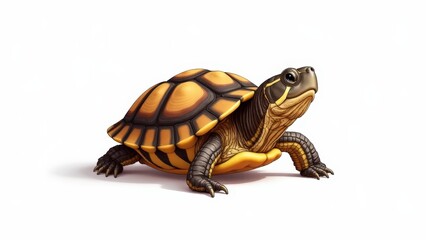Obraz premium Baby box turtle on plain white, its shell showing shades of brown and yellow in intricate patterns