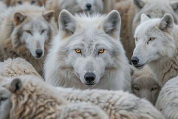 Obraz premium Closeup of a white wolf gazing at sheep in professional portrait