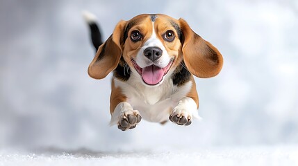 A lively Beagle leaps playfully into the air with ears flopping and tongue out, against a crisp white backdrop, showcasing the breeds energy and cheerful demeanor.