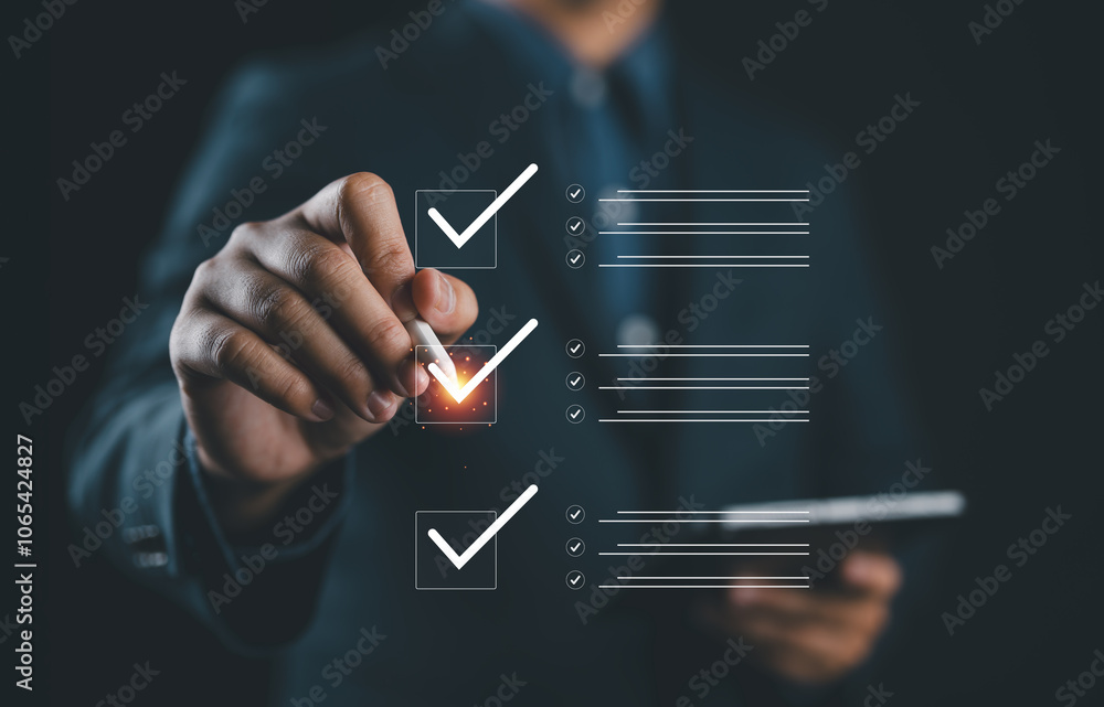Poster quality check, businessman makes a checklist assessment and questionnaire, businessman using smartph
