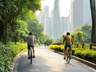 Fototapeta premium Bicycle path curving through park in downtown area, cyclists with skyscrapers in view