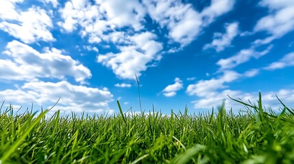 Obraz premium Lush Green Grass with a Blue Sky and White Clouds