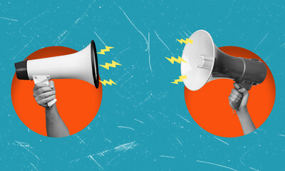 Contemporary art collage depicting two megaphones facing each other.