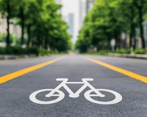 Obraz premium Busy city street with bicycle path, lined with trees, ecoconscious commuters, daytime