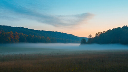 Fototapeta premium A tranquil morning scene of fog rising from a field, creating a soft, soothing atmosphere.