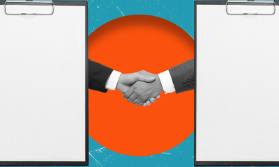 Contemporary art collage depicting a handshake and a contract.