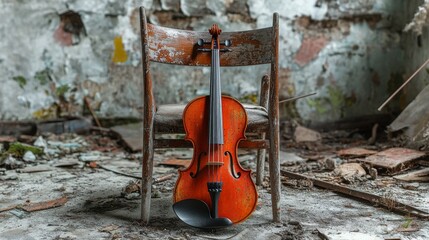 A weathered violin resting on a worn wooden chair against a dilapidated backdrop