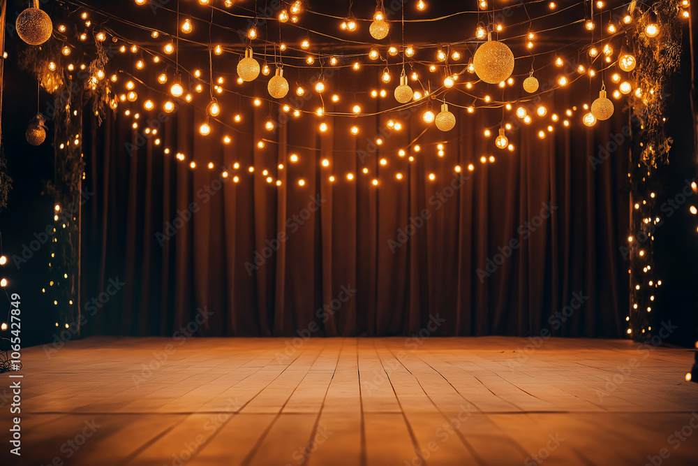 Poster empty stage with warm multiple festive light