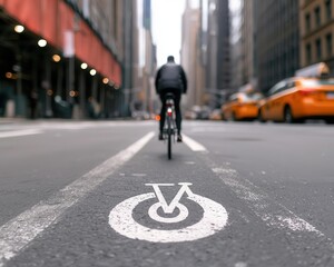 Naklejka premium Wide bicycle path along busy city street, surrounded by pedestrians and cyclists, urban vibe