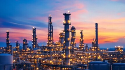 Obraz premium Industrial complex illuminated at sunset, showcasing energy production.