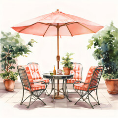 Obraz premium Watercolor Patio with Tropical Plants and Furniture