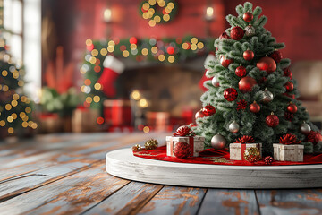 A Christmas tree with red and silver ornaments sits on a wooden table