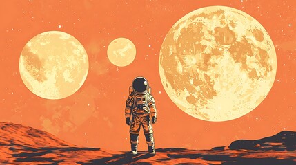 Fototapeta premium Astronaut Standing on a Distant Planet Under a Triple Moon.