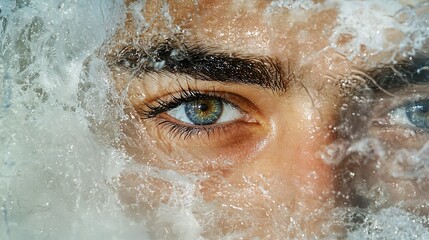 Close-up of a Man's Eye Through Water Splashes.