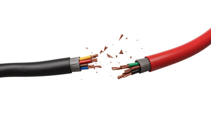 Broken electrical wires with exposed copper conductors