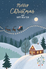 Fototapeta premium Generative AI Illustration of a festive Christmas and New Year scene featuring Santa Claus, snowy village houses, Christmas trees, and a night sky with falling snow. The words 'Christmas and 