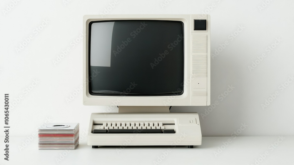 Poster a retro computer setup featuring a classic monochrome monitor and a keyboard, accompanied by a stack