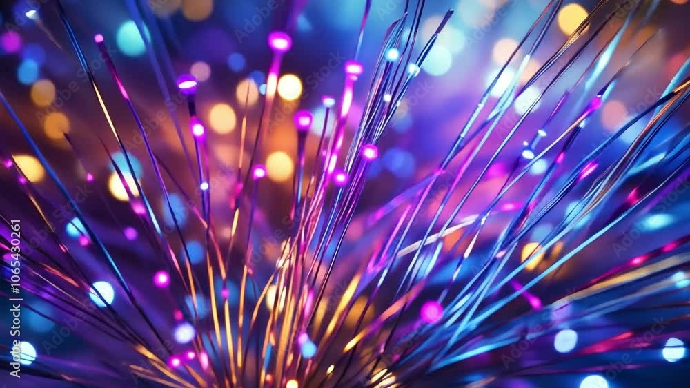 Poster Fiber Optic Symphony: A captivating close-up of iridescent fiber optic strands illuminated with vibrant hues, creating a mesmerizing abstract display of light and color.