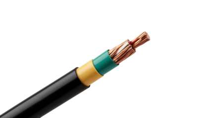 Close-up of a copper wire inside a green and black cable