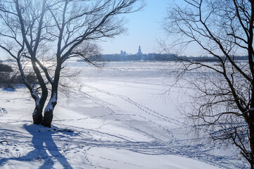Veliky Novgorod Russia. View of Yuriev Monastery in Novgorod the Great in winter sunny day