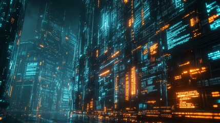 Futuristic Cityscape with Glowing Digital Code Buildings