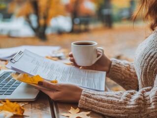 Woman holding a coffee mug while reading documents, cozy autumn setting 