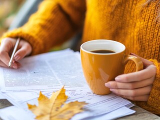 Woman holding a coffee mug while reading documents, cozy autumn setting 