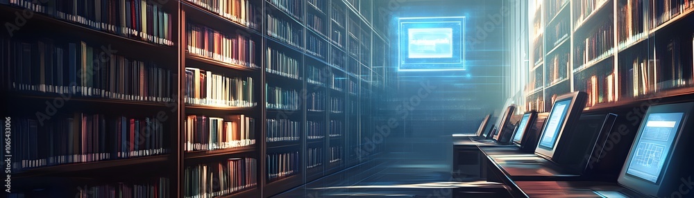 Poster a futuristic library with bookshelves and computers
