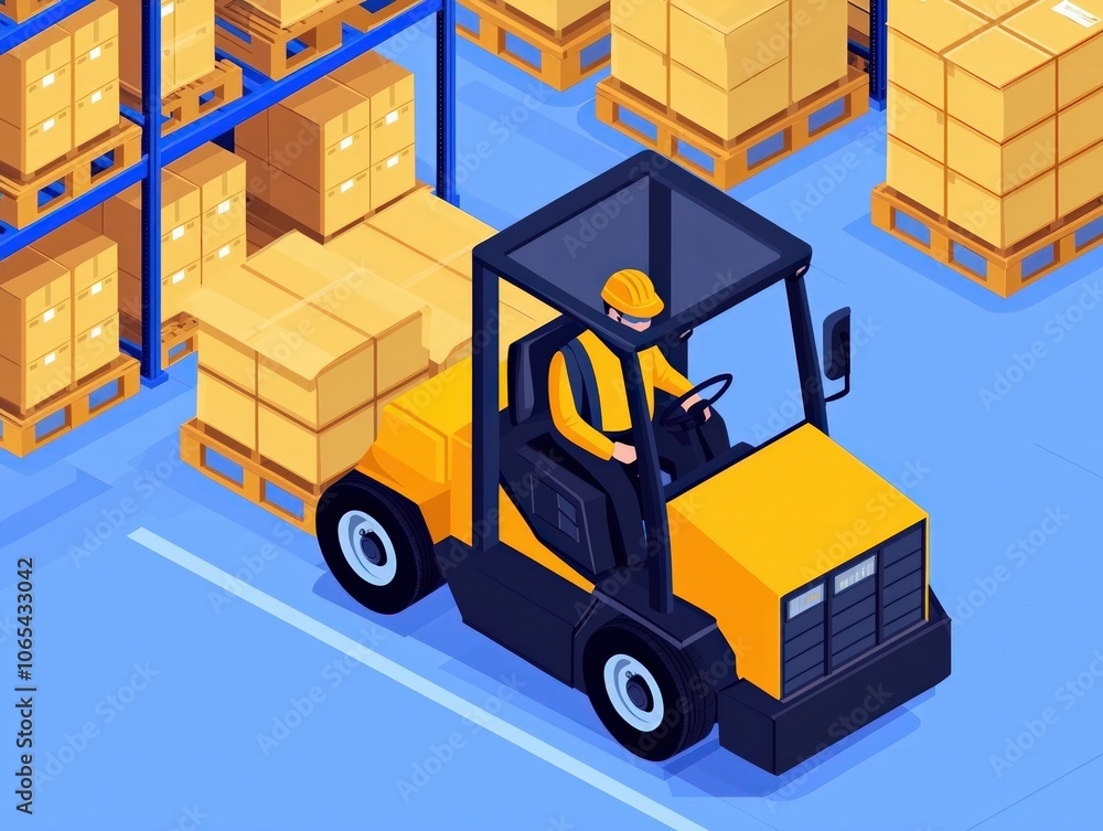 Poster warehouse operator uses forklift to move heavy boxes efficiently