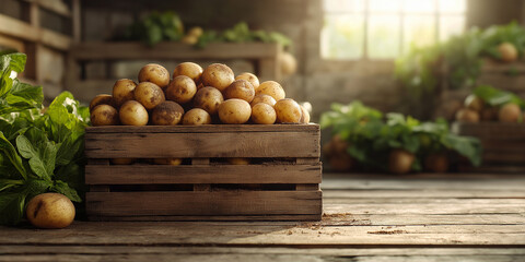 young potatoes in a wooden box in the garden