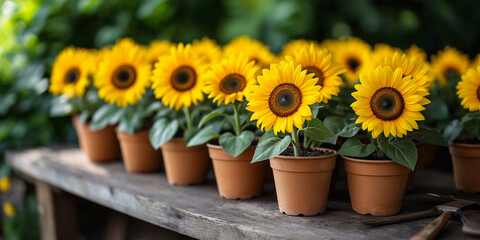 Obraz premium small sunflowers in pots in the garden