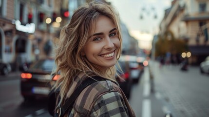 Fototapeta premium Fashion. Young stylish woman walking on the city street looking back camera smiling playful