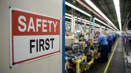 Safety first sign in industrial workplace