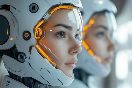 Futuristic astronauts in advanced suits preparing for a space mission in a high-tech environment - Powered by Adobe