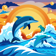 Obraz premium Two playful dolphins leap through the air, backlit by a vibrant sunset. This cheerful illustration evokes a sense of carefree joy and the beauty of ocean life.