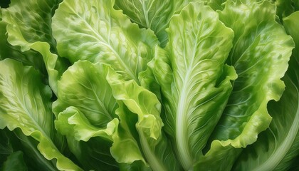 Fototapeta premium Fresh and Vibrant Close-Up of Lush Green Lettuce Leaves with Intricate Texture and Veining. Ideal for Culinary Concepts, Organic Farming Promotion, or Health and Nutrition Themes