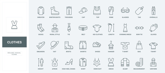 Sneakers and trousers, dress and bikini, female and male garment to wear thin black outline symbols vector illustration. Casual clothes and shoes, fashion for man, woman, and child line icons set.