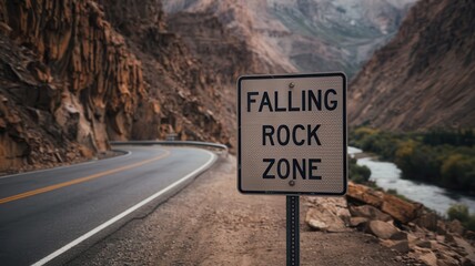 Falling rock zone warning sign, road view