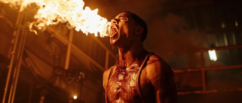 Dynamic fire breather performance in an abandoned setting with flames