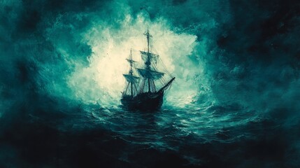Fototapeta premium A Lone Ship Sailing Through a Stormy Sea