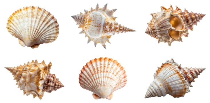 Collection of various seashell with different view isolated on background, marine and beach animals life.