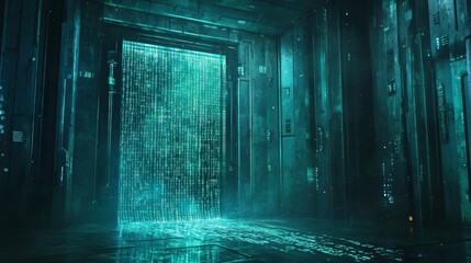 Futuristic Digital Gateway with Binary Code and Teal Lighting