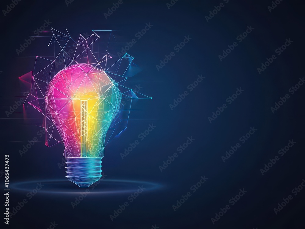 Poster Multicolored geometric lightbulb with arrows pointing towards it, abstract patterns, digital art, futuristic and clean