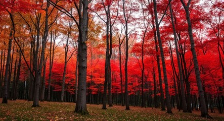 Maple forest in autumn red leaves cool morning air